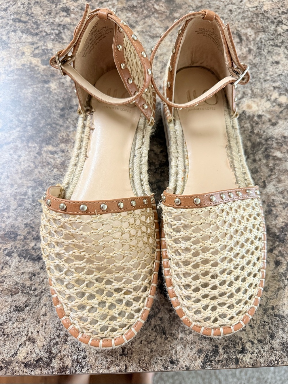 Jennifer Lopez Cream Woven Espadrille Flats with Tan Trim and Ankle Strap